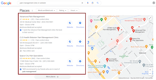 Google map results page indicating local SEO keywords.