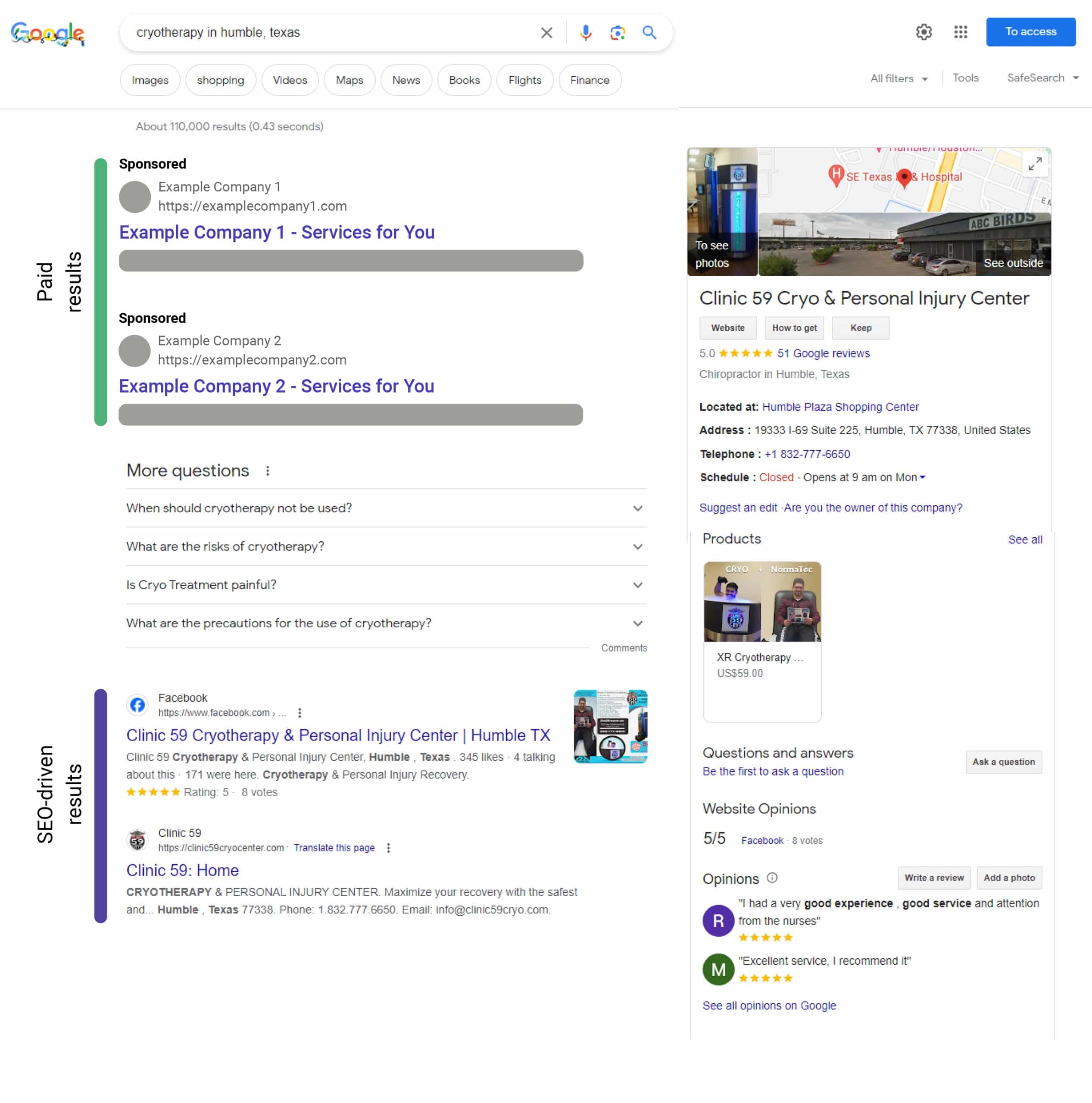 Google Ads results for Cryoteraphy in Humble Texas: A screenshot of a computer